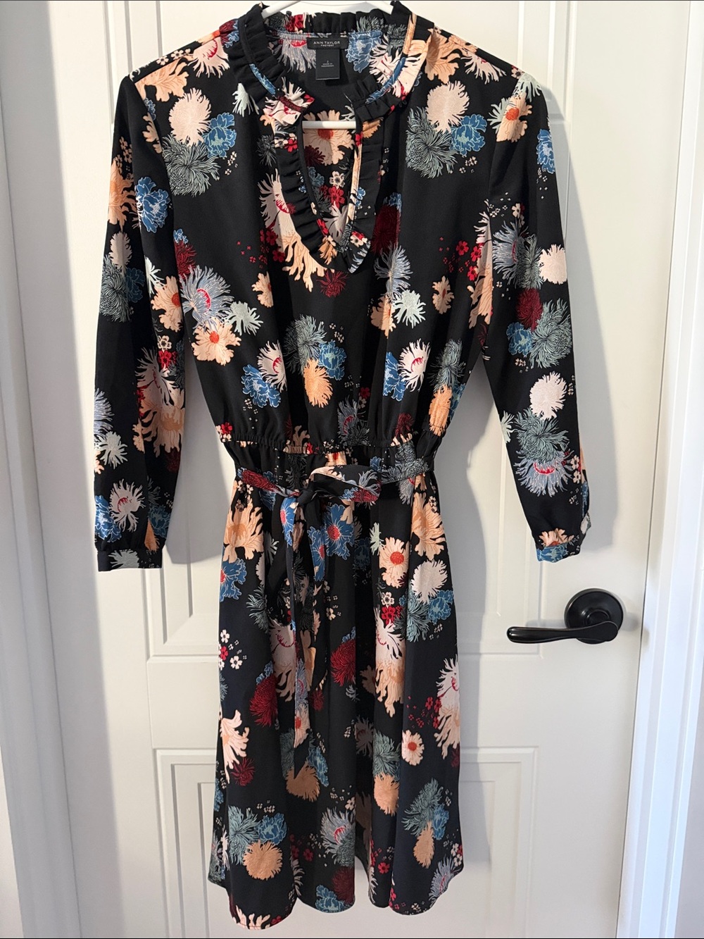 Ann Taylor Factory Floral Black Dress with Ruffle Neck